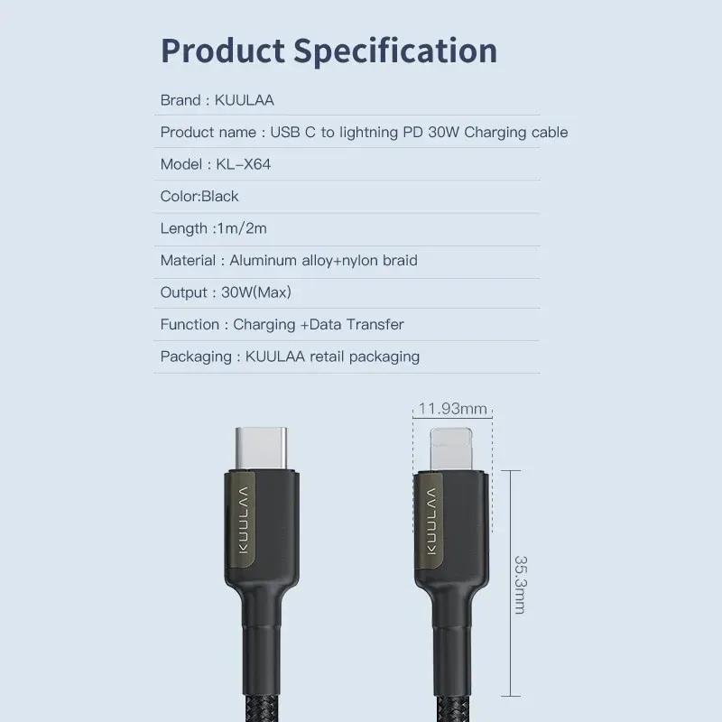 کابل شارژ USB-C به Lightning کولا مدل KUULAA KL-X64 طول ۱ متر 30 وات image gallery