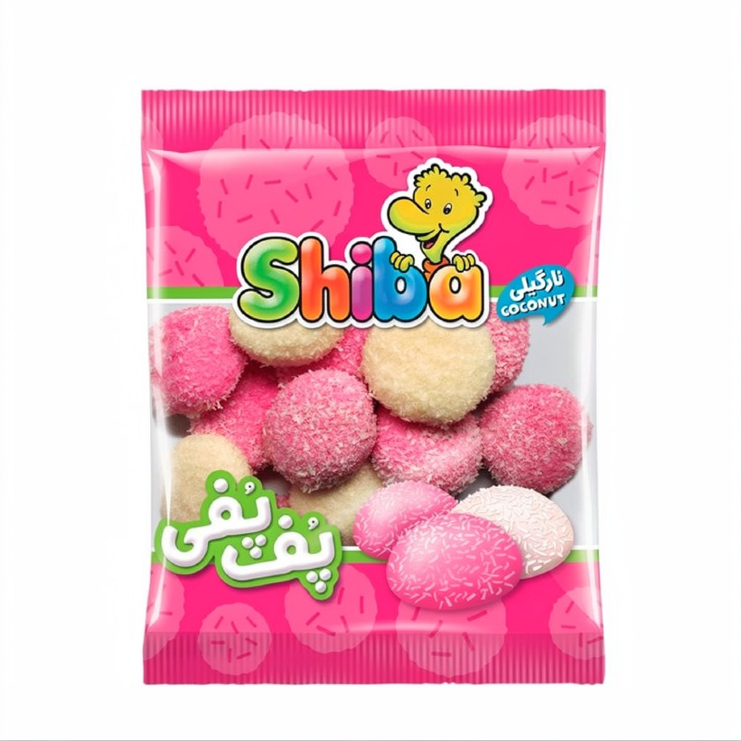 پاستیل شیبا مدل پف پفی نارگیلی وزن 50 گرمی (کارتن 36 بسته‌ای)