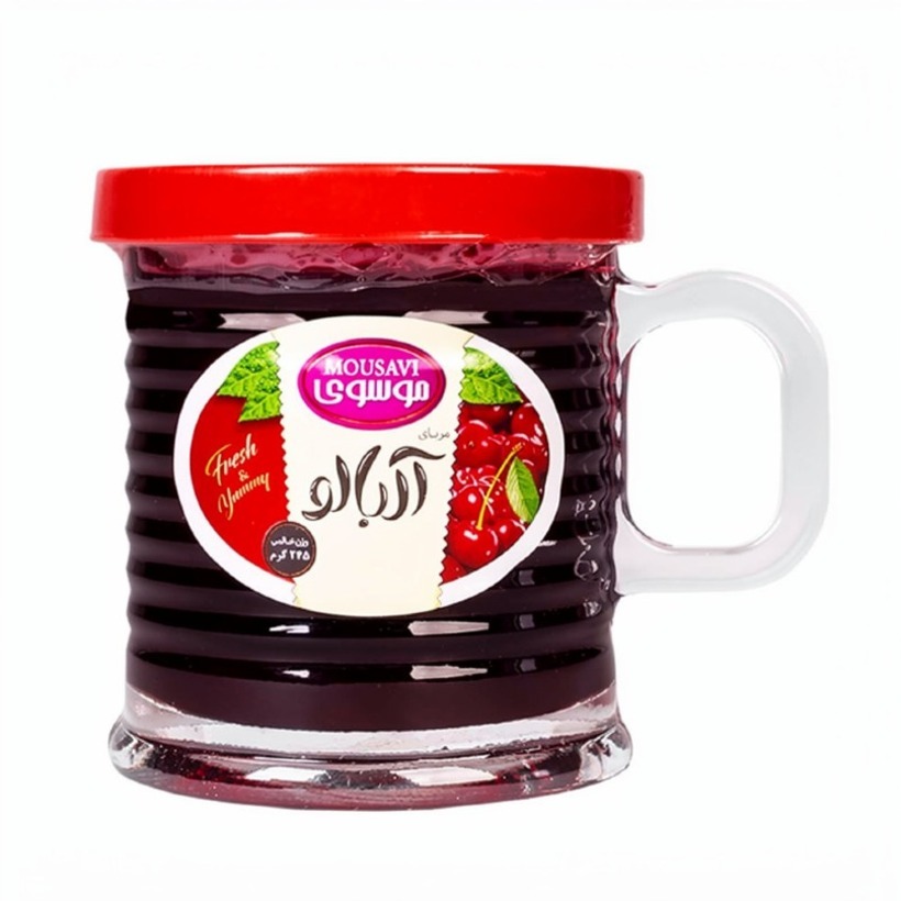 مربا آلبالو موسوی طرح لیوانی ویکتوریا وزن 245 گرمی (کارتن 12 عددی)