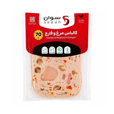 کالباس مرغ و قارچ 70 درصد سوان وزن 100 گرم (بسته بندی وکیوم)