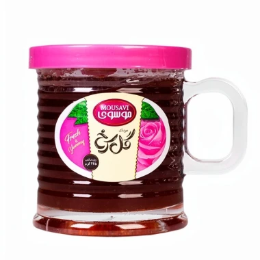 مربا گل سرخ موسوی طرح لیوانی ویکتوریا وزن 245 گرمی (کارتن 12 عددی)